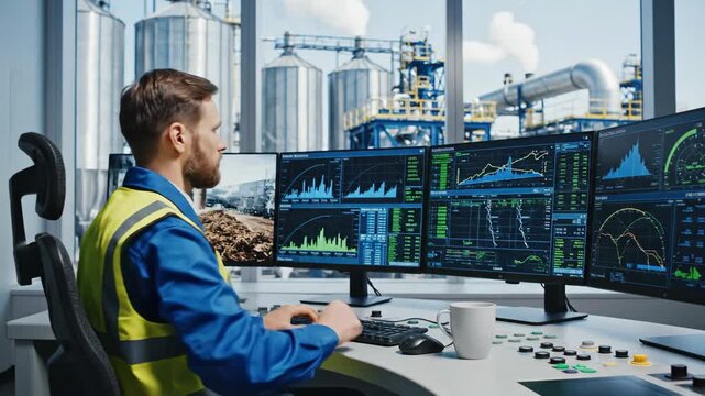 Control Room Operator at Biomass Plant - A male operator monitors multiple computer screens displaying data and graphs in a bright biomass plant control room during daytime.