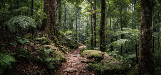 Obraz premium Panoramic Rainforest Trail Scene Dense Green Foliage Sunlight Filtering Through Trees Lush Natural Environment