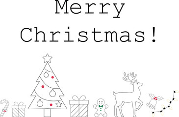 Merry Christmas greeting with festive illustrations of a Christmas tree, gifts, candy cane, reindeer, and holiday decorations, creating a joyful winter celebration atmosphere