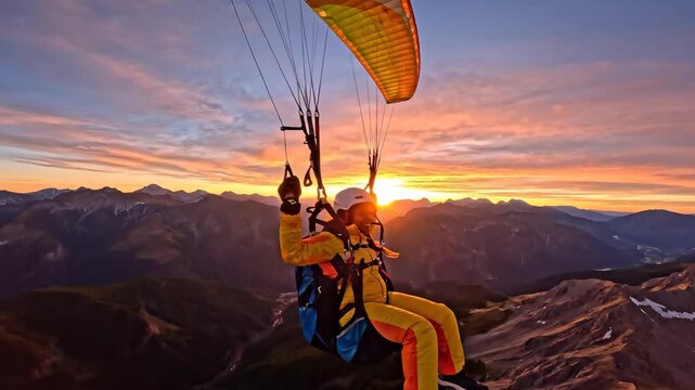 Paragliding Over Mountains at Sunset - A woman is smiling while paragliding over a mountainous landscape at sunset. The sky is filled with colorful clouds as she soars through the air.