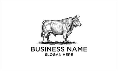 Majestic Hand Drawn Bull Standing Firmly on Grassy Ground.