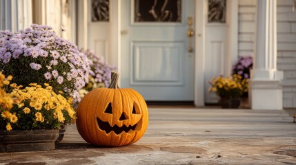 Obraz premium A carved pumpkin sits on a porch in front of a white door adorned with flower pots, ready for the upcoming holiday