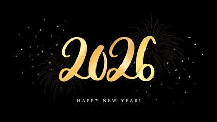 Elegant Golden 2026 Happy New Year Typography with Fireworks on Black Background