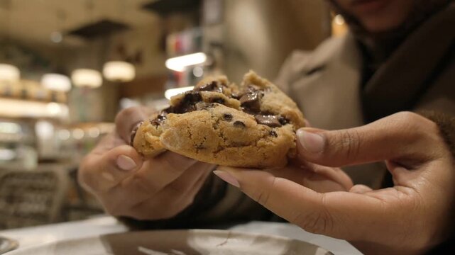 Enjoying a warm cookie at a cafe in the city