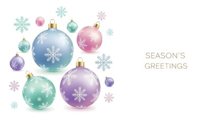 Season's greetings winter holiday background with pastel christmas ornaments and snowflakes, elegant design with soft colors for festive wishes and celebration