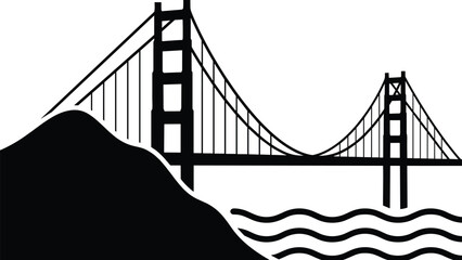 Golden Gate Bridge silhouette illustration, iconic suspension bridge over bay waters, San Francisco coastal landmark, black isolated vector design