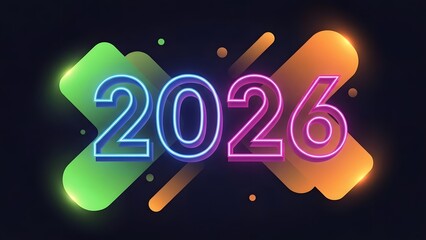 Modern neon style numbers 2026 in bright blue and pink glowing outline with colorful abstract background shapes and small dots on dark backdrop, festive celebration graphic.