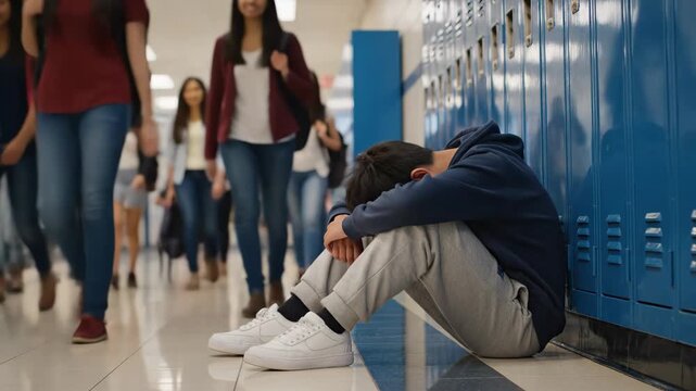 Lonely Teenager in School Hallway - A sad Asian teenage boy sits alone on the floor of a busy school hallway, head down. Students walk by in the blurred background, unaware or uncaring.
