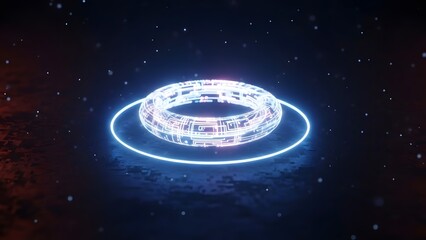 glowing futuristic torus ring with circuit patterns and blue light pulsating on dark background with small particles of light floating all around and around it