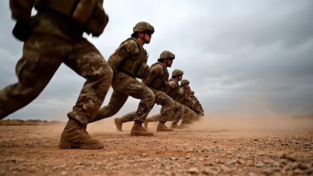 Soldiers in camouflage uniforms standing in a line on a dusty field under a cloudy sky, preparing for a drill or exercise.
