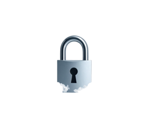 Silver padlock icon against a stark black background, slight cloud detail