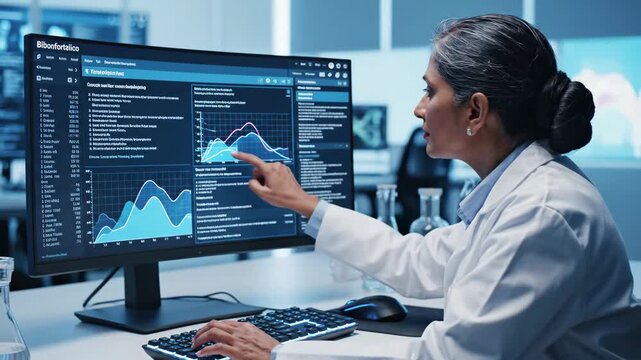 Scientist Analyzing Genomic Data on Computer - A scientist in a lab coat is using advanced bioinformatics software to decode genomic sequences and interpret biological data displayed on a digital