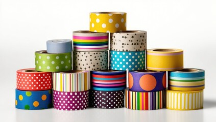 Colorful rolls of patterned ribbon stacked in a pyramid shape