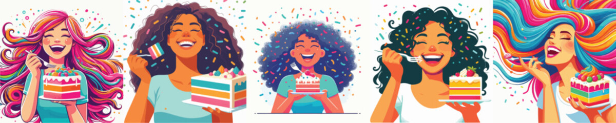 vector woman eating cake white background
