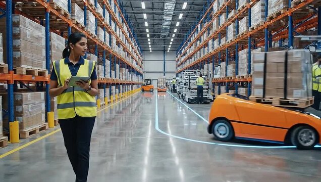 A female warehouse worker uses a tablet to manage inventory as an automated guided vehicle transports pallets