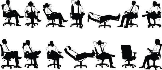 Set of business people silhouettes sitting in office chairs, professional employees relaxing, working, and reclining in ergonomic desk chair postures. (21 words)