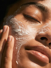 Close-up of a Latina woman's face with a white cream mask on the entire cheek and a hand holding it. Concept:  Skincare, wellness
