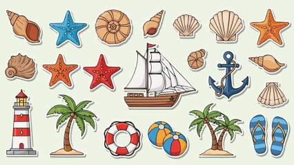 Collection of Nautical and Beach Themed Illustrations. © Adol