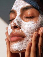 Close-up of a Latina woman's face with a white cream mask on the entire cheek and a hand holding it. Concept:  Skincare, wellness