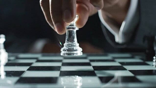 Close-up of a businessman's hand moving a sparkling glass king chess piece on a reflective board, representing a strategic and decisive business move