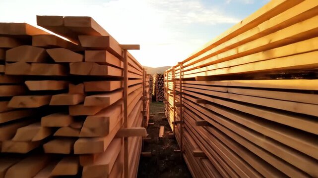 Lumber Yard Stacks in Golden Sunlight - Sunlit lumber yard showcasing neatly stacked wooden planks, creating parallel lines that recede into the distance.