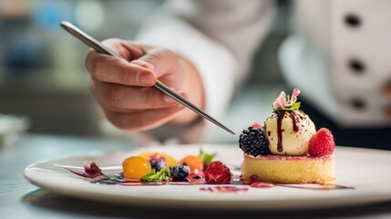 A chef's hand delicately garnishes a dessert plate with berries, a scoop of ice cream, and a drizzle of sauce. The plating takes place in a professional kitchen setting