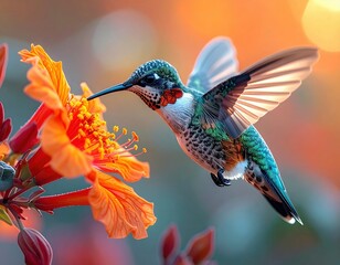 Naklejka premium A vibrant hummingbird feeding on a bright orange flower, showcasing nature's beauty and intricate details in an enchanting setting.