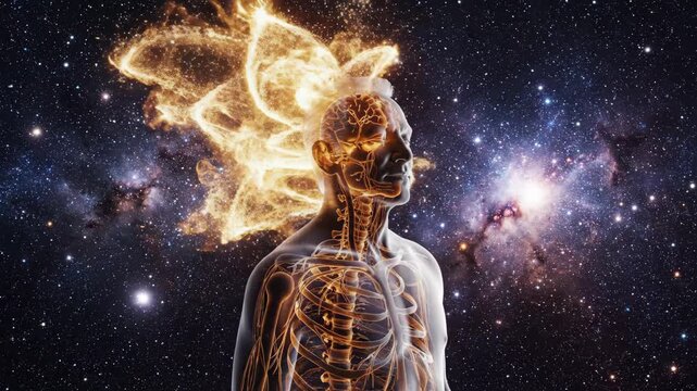 Translucent Human Soul Release into Universe - An illustration of a translucent human body with a visible nervous system and brain is displayed in front of a cosmic background.