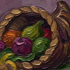 Obraz premium Colorful Abstract Still Life Painting of Fruit in a Woven Basket