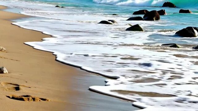 Waves Lap Gently Over the Sandy Beach, Leaving Damp Traces Behind as the Tide Recedes