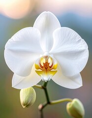 A close-up of a stunning white orchid in bloom, showcasing intricate details and vibrant colors against a soft blurred background.