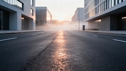 Fototapeta premium Urban street scene at dawn, showcasing a deserted road with wet asphalt reflecting sunlight, surrounded by modern architecture and a misty atmosphere, creating a serene and tranquil environment