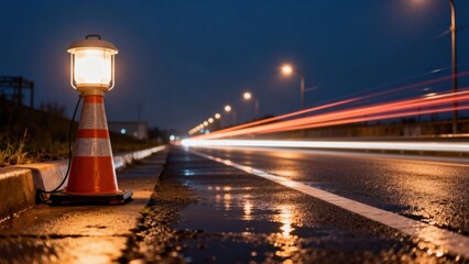 Traffic safety cone with illuminated lantern beside wet road at night, showcasing light trails from passing vehicles, creating a dynamic scene of urban transportation and safety awareness