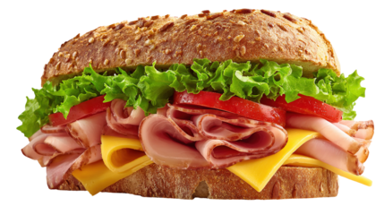 Tasty sandwich with ham, cheese, tomato and lettuce on wooden background