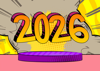 Comic Book Product podium stage for mockup presentation with 2026. Retro comics background.