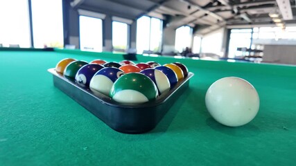 Pool game starting with colorful balls on the table