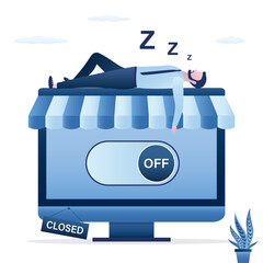 Business break, burnout and fatigue from shopping. Shop closed, off button. Male consumer tired of online shopping process. Businessman sleeping on computer screen.
