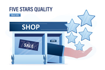 Businessman hand catch five stars, high quality. Business or shop with five stars rating. Good review for product or service. Positive review about shop, boutique or service.