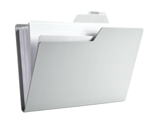 Open, gray file folder with visible papers inside, on black background