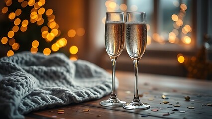 dcf. A champagne flute with golden bubbles on a wooden table beside a cozy blanket and festive confetti. bar promotions, beverage menus, designed for food & beverage menus and cafe branding.