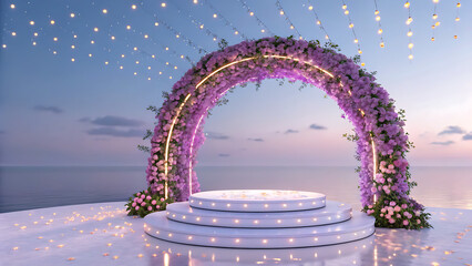 Romantic wedding arch with purple flowers and sparkling lights on an ocean platform at sunset, creating a magical and elegant event setting