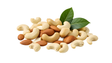  Mix of Cashew Nuts and Almonds with Fresh Green Leaves on White Background