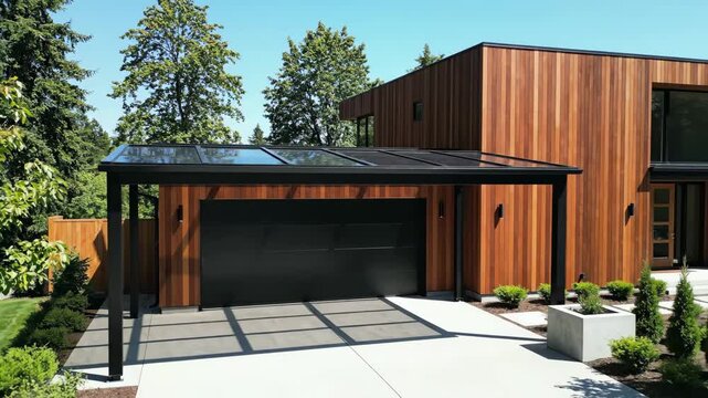 Modern Carport and House Exterior - A contemporary house with vertical wooden cladding is pictured, showcasing a black garage door and a modern black carport with a glass roof.