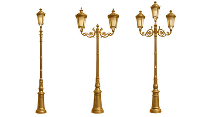 Set of Three Golden Vintage Street Lamps in Different Styles on Transparent Background
