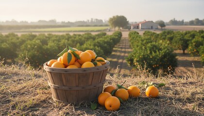 Freshly Harvested Oranges in a Wooden Crate in an Orchard at Sunrise