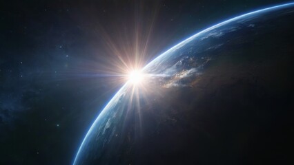 Fototapeta premium Earth from Space: Stunning View of Planet with Bright Light, Stars, and Nebulae in Dark Background