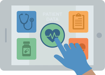 Vector illustration of a gloved hand using a digital tablet for patient data management with medical icons. Concept of healthcare technology and digital medicine