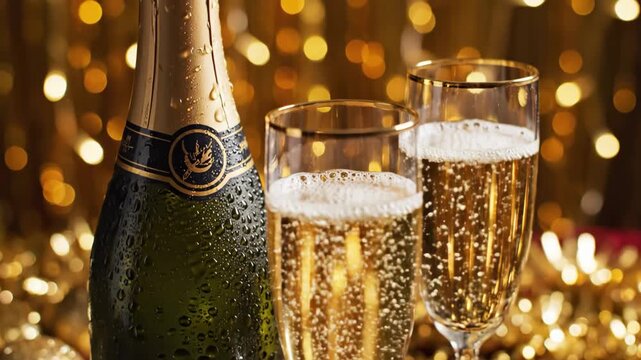 Sparkling Wine Celebration - This video shows a bottle of sparkling wine next to two champagne flutes filled with bubbly liquid.