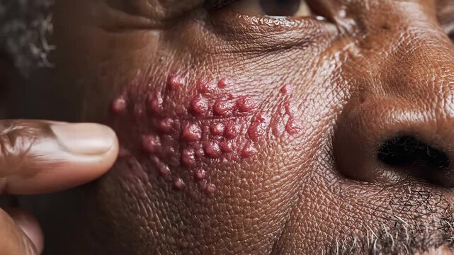 Close-Up of Inflamed Skin with Bumps - A detailed close-up video of a person's cheek showing red, inflamed, and bumpy skin.