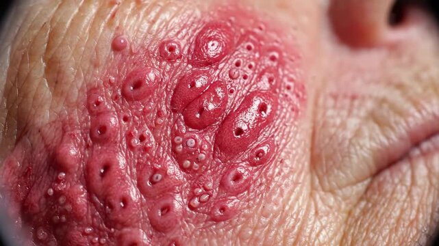 Extreme Close-up of Severe Skin Irritation - A macro shot reveals inflamed, bumpy, and reddened skin on a person's cheek, indicative of a severe allergic reaction or skin irritation.